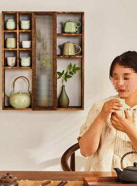 纯实木博古上墙墙带玻璃门现代简茶桌组合架中约式挂壁CFN式面置