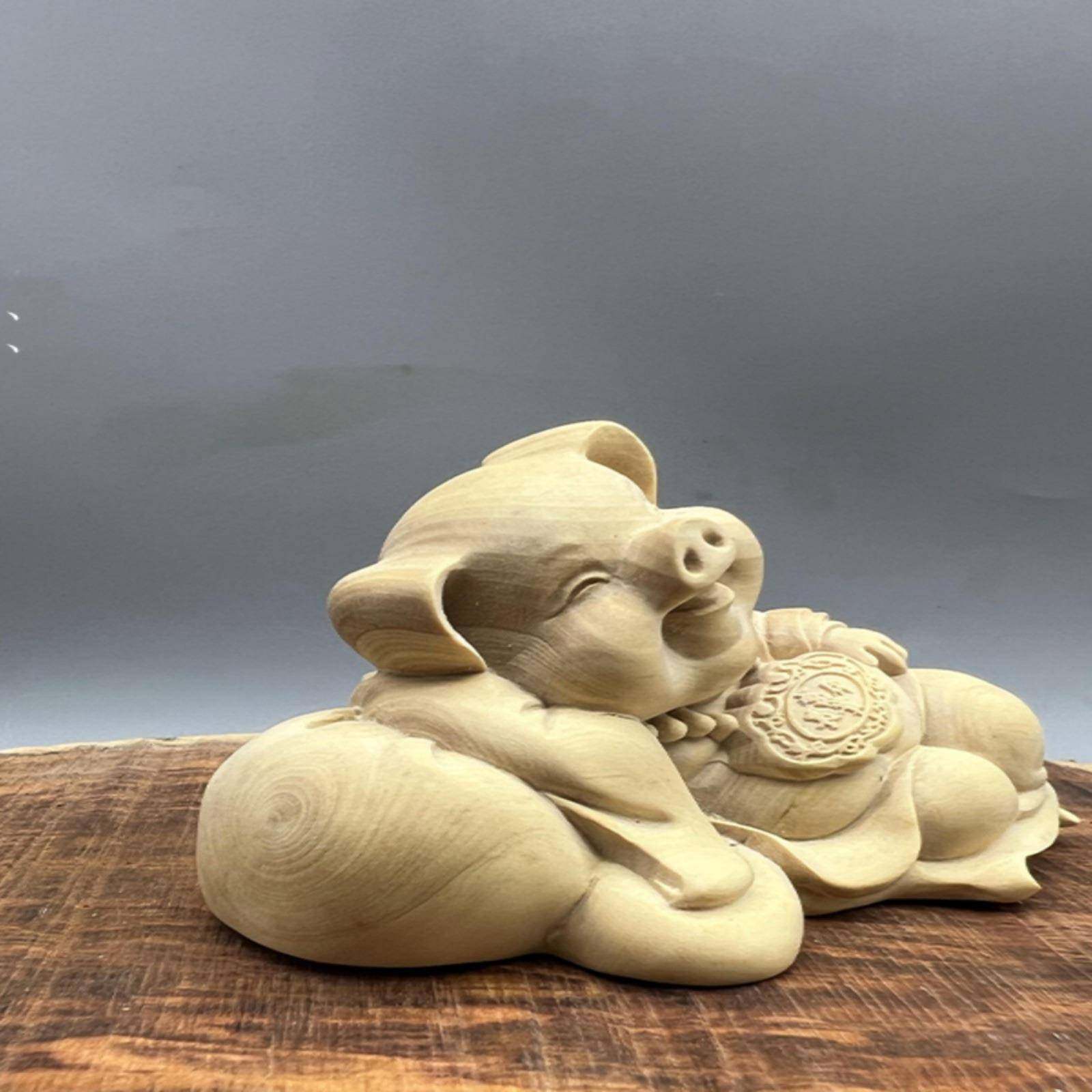 财小叶贵工黄杨木雕家居装饰摆件富猪生肖猪长命锁猪手QSJ把件招