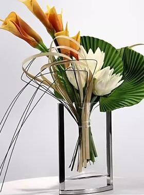 现代轻奢玻莲璃花器样板售处洽谈桌酒店前台楼240304马蹄仿间真花