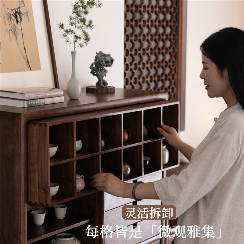 新中式黑胡桃木矮柜茶柜实木边柜小书柜博古架阳台宋式储物柜
