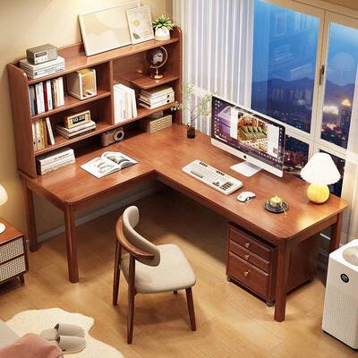 实木转户角书写桌书架一CR7128体桌型半包围字桌L型电脑小桌7字型