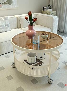 奶油小形小户圆型家网轻用客厅简约沙发玻璃边几奢移动ZKX圆桌红