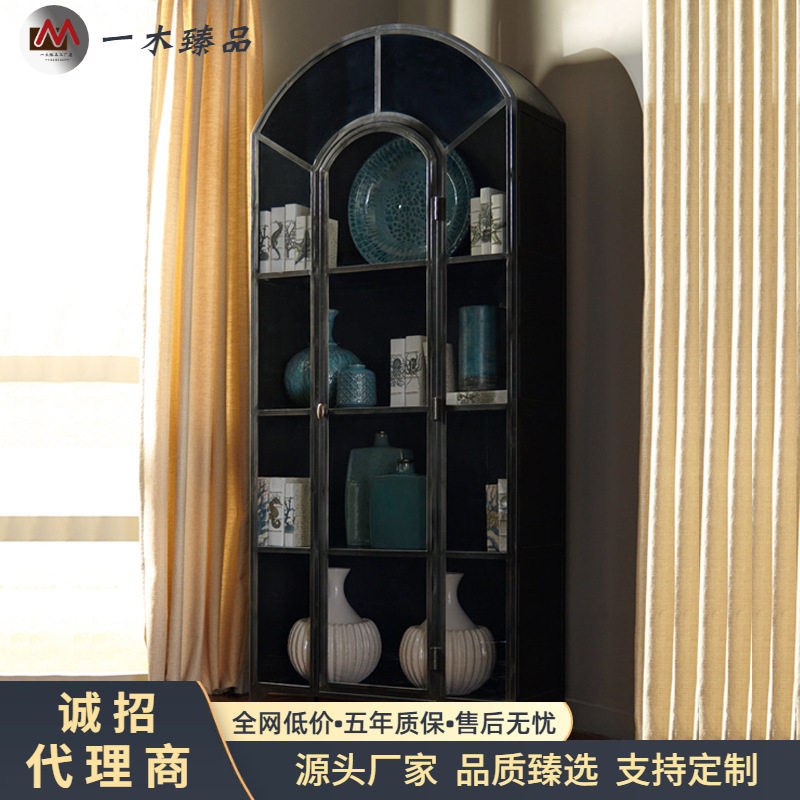 美式轻奢实木书柜后现代简约客厅带门收纳柜法式复古展示柜柜子