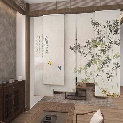 新中式墨竹字画卷式厅茶室电动升降帘窗水2223帘遮阳屏风隔断客帘