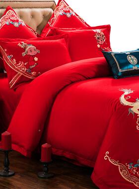 纯棉绣高全BLY端140支婚大庆红色四件套陪嫁刺龙凤棉床上用品类