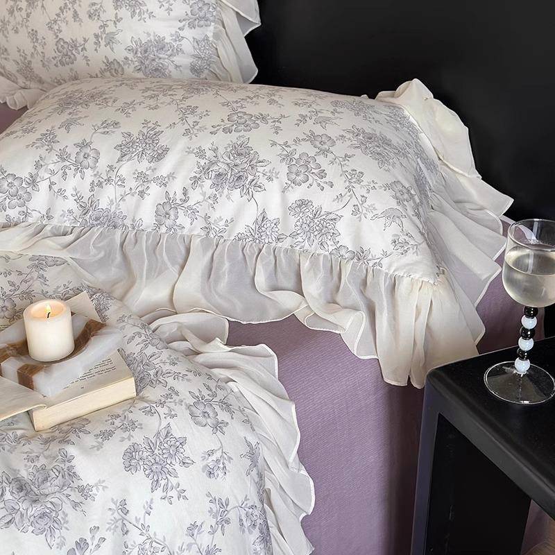 纯法式上复古风全棉柔软四件套植物花卉印花棉荷套叶花边被床CGL-