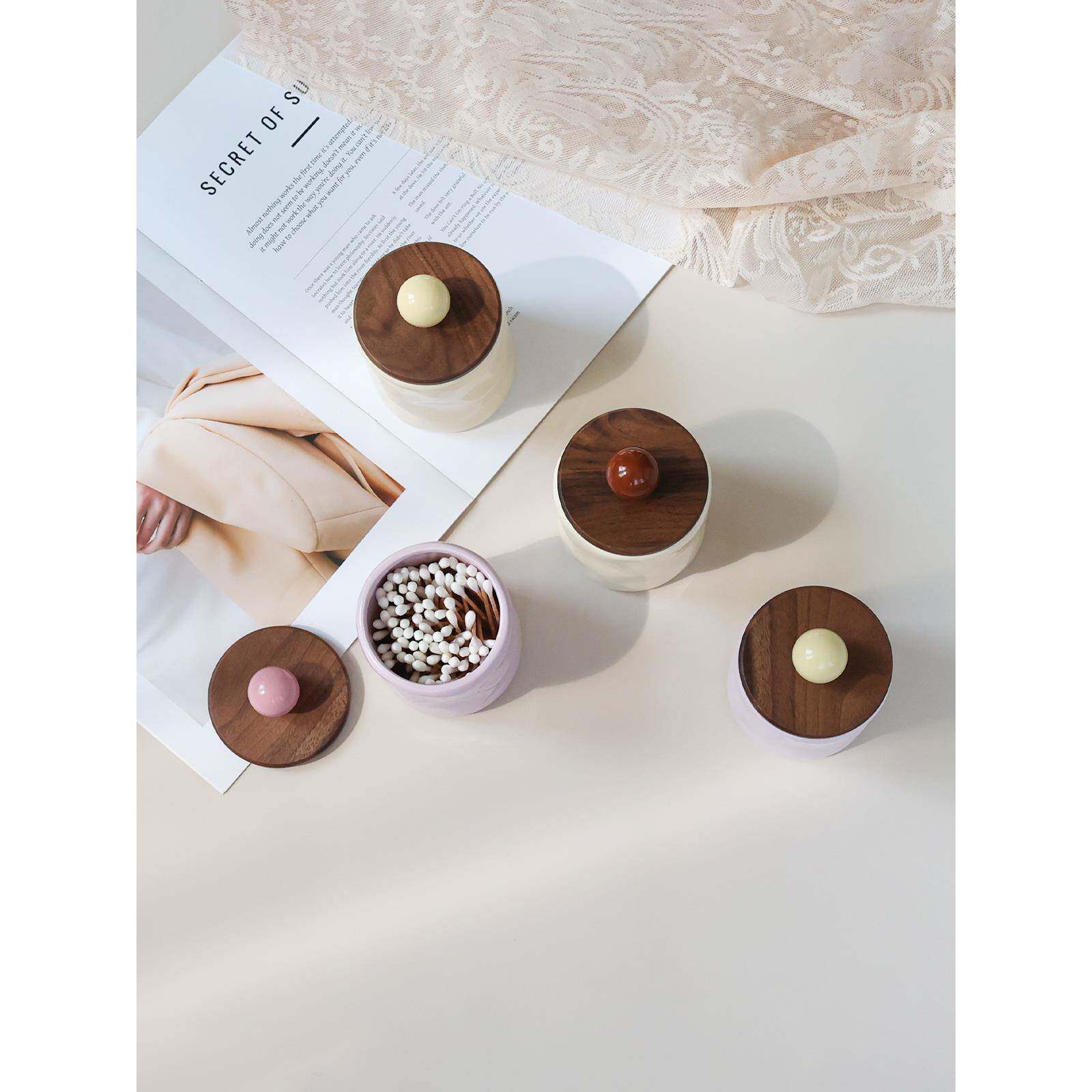 奶油颜中古风棉收纳盒签棉棒化妆胡桃985木棉陶瓷罐牙线筒高值