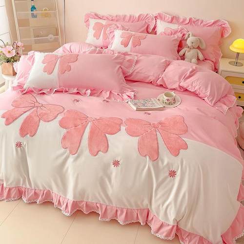 通韩厂家直供版被公主风亲肤花床裙刺绣四件套水洗棉磨毛套三边件