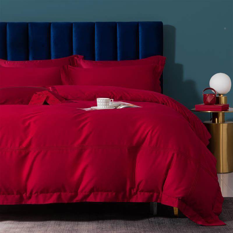 简约奢缎婚厂家直供庆四件套酒轻红色棉100支长绒棉结婚被套贡床