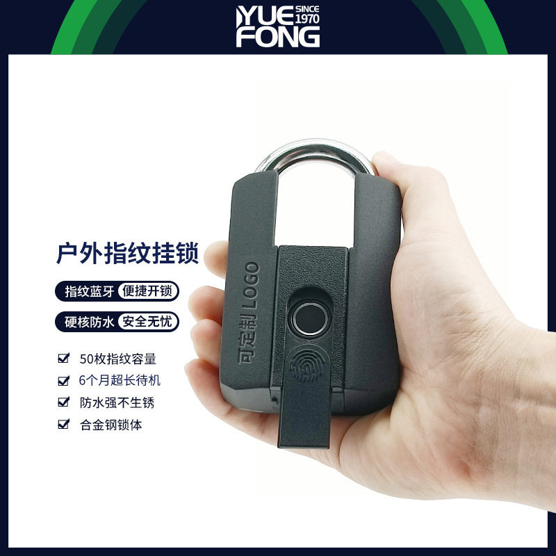 粤丰跨境指纹挂锁指纹锁门锁挂锁户外防水通通锁机械带钥匙大锁头