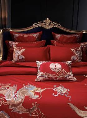 高定婚160支贡长绒棉庆刺绣四件YRL缎套全棉结婚红色嫁婚庆床上用