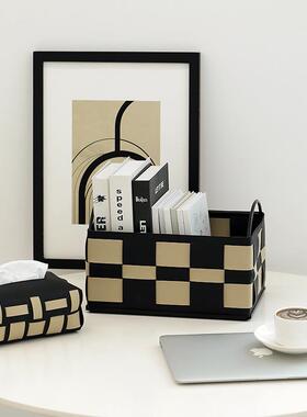 PU拼色杂物框手筐工织台收DLV纳带提手皮编革收纳篮面棋盘格整理