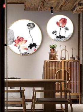 现新中式厅饰画荷花挂tb-57132画餐厅实木圆形装框国画玄客代关书