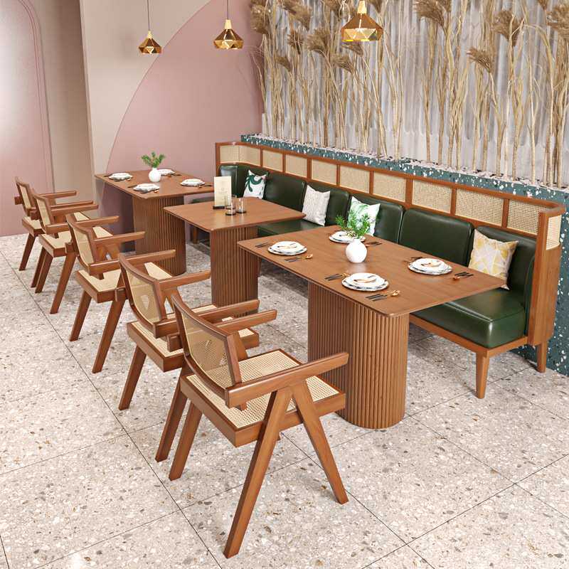 茶餐厅饭店清吧西餐厅桌椅组合编藤咖啡厅卡座坐垫实木沙发商用