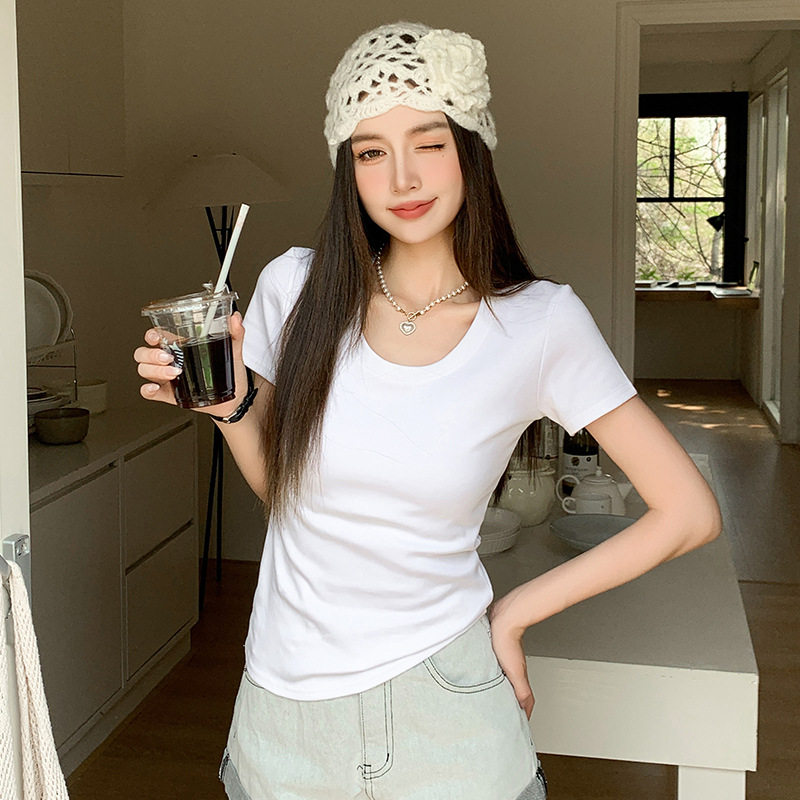 H673严选纯棉u领短袖女夏季薄款修身显瘦百搭上衣T恤正肩打底衫