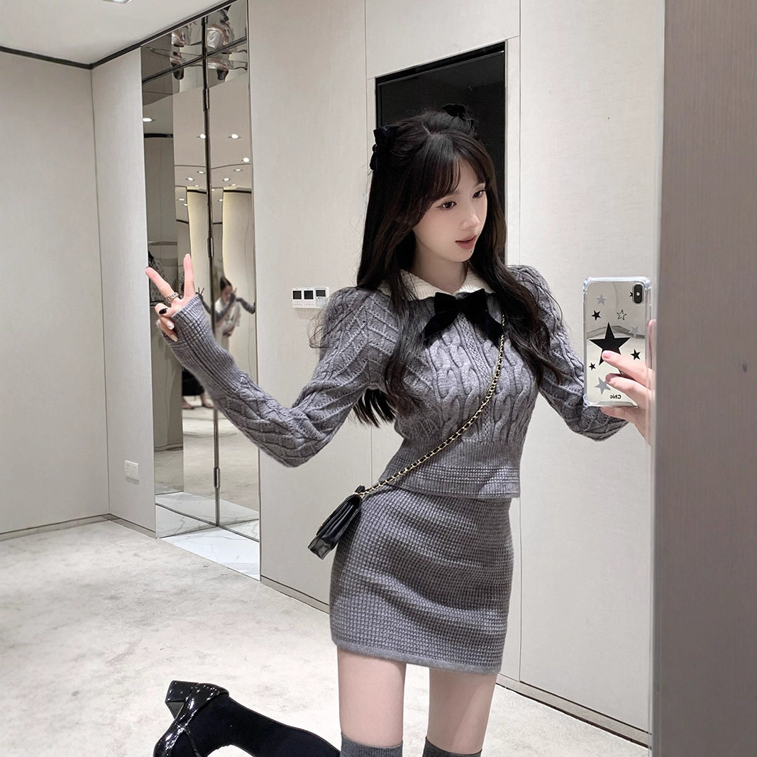 小香风灰色针织毛衣套装女秋冬学院风千金名媛包臀半身裙子两件套