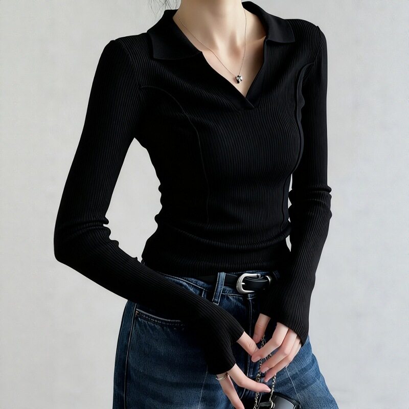 法式黑色polo衫翻领针织打底衫女秋冬毛衣内搭高级感气质长袖上衣