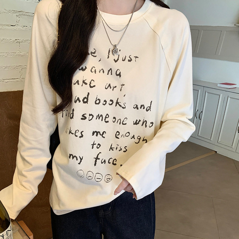 2026新款春季正肩纯棉长袖t恤女内搭美式宽松白色上衣体恤打底衫