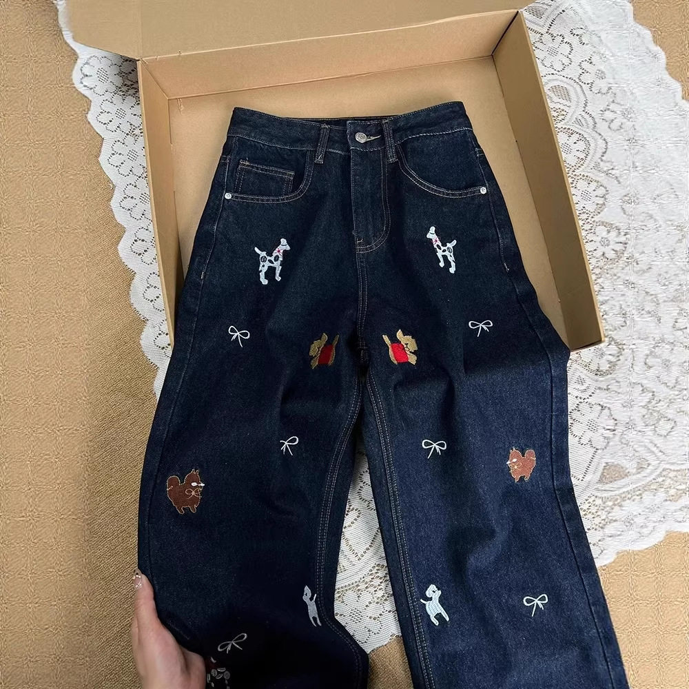 复古深蓝色小狗刺绣直筒牛仔裤女春季慵懒松弛感宽松阔腿拖地长裤