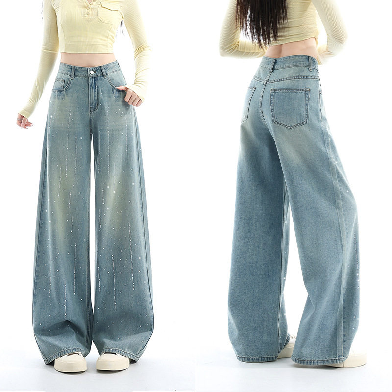 烫钻款2026年春新款高腰直筒阔腿牛仔裤女浅蓝色宽松显瘦长裤子