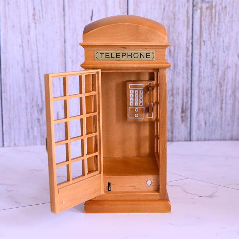 英伦风复古电话亭音乐盒机械发条八音盒木制工艺品装饰摆件送儿童