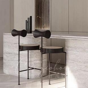 设计师款实木吧椅编藤岛台椅现代简约酒店前台吧台椅异形高脚凳