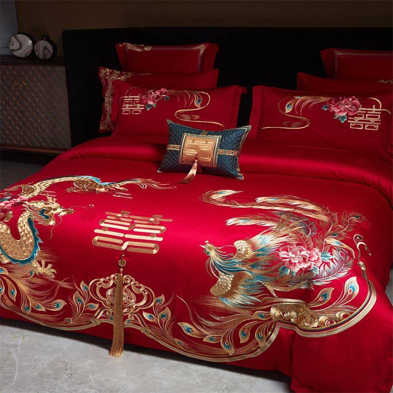 160支长绒棉绣花结婚四件套全棉贡缎刺绣婚庆大红床上用品龙凤