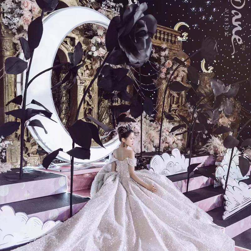 61K3新款发光月亮婚庆道具酒店婚礼舞台背景铁艺灯箱路引户外拍照