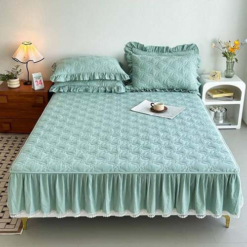 B0Z韩式1OO%全床棉笠裙边纯棉加厚床梦裙床罩三件套防滑YpJeHT36