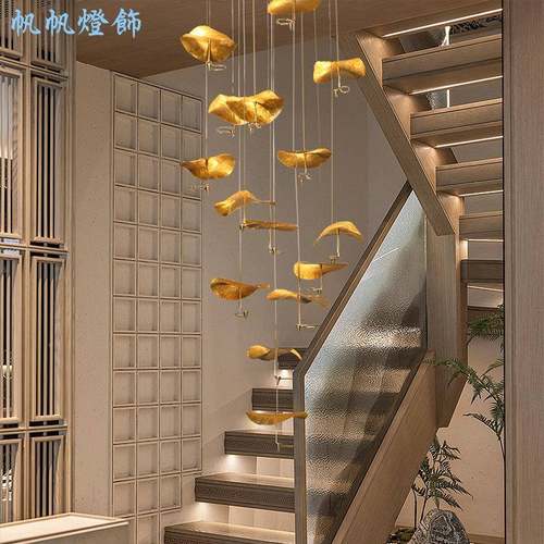 166新式梯灯长吊灯中全铜别墅复式中楼客楼厅挑空跃层楼中楼山灯