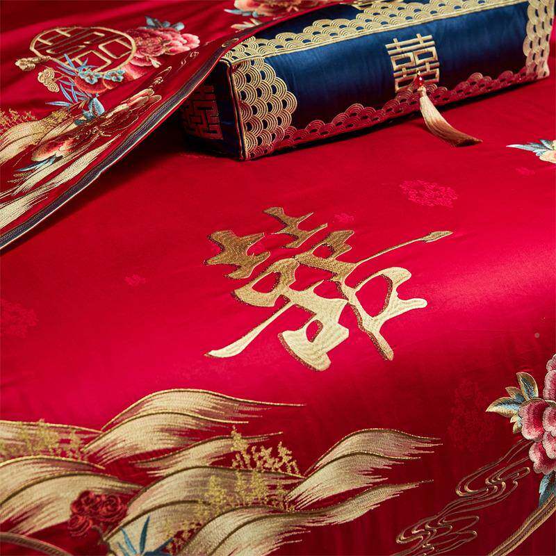 端婚高庆陪16嫁0S双股长绒棉花结婚四件套全HYF-FGMD棉红色刺绣被