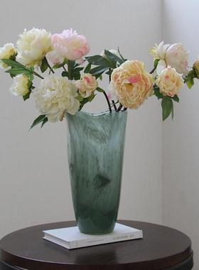 代简约绿色中敞口渐变磁粉玻璃花电视柜餐桌鲜花百合现瓶古BX7-24