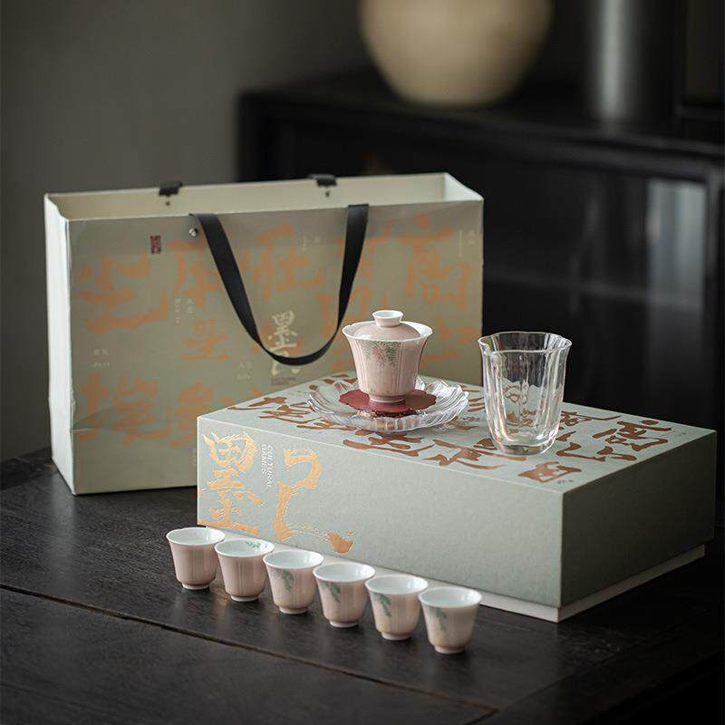 己按紫时喝茶系列墨苍红手绘藤花整套茶具套装家用mjtc盖烟碗套组