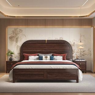 新中式乌金木全实木床加厚1.8米双人大床椭圆形床头主卧抽屉储物