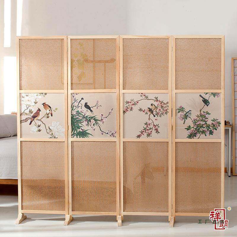 实木布艺半透屏风隔断简约现代折屏座屏玄关乔其纱客厅酒店办公室