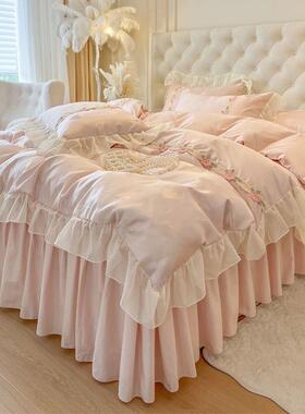 Q1L新款法式轻奢风贡缎提花全棉床裙款四件套纯棉花边被套四季床