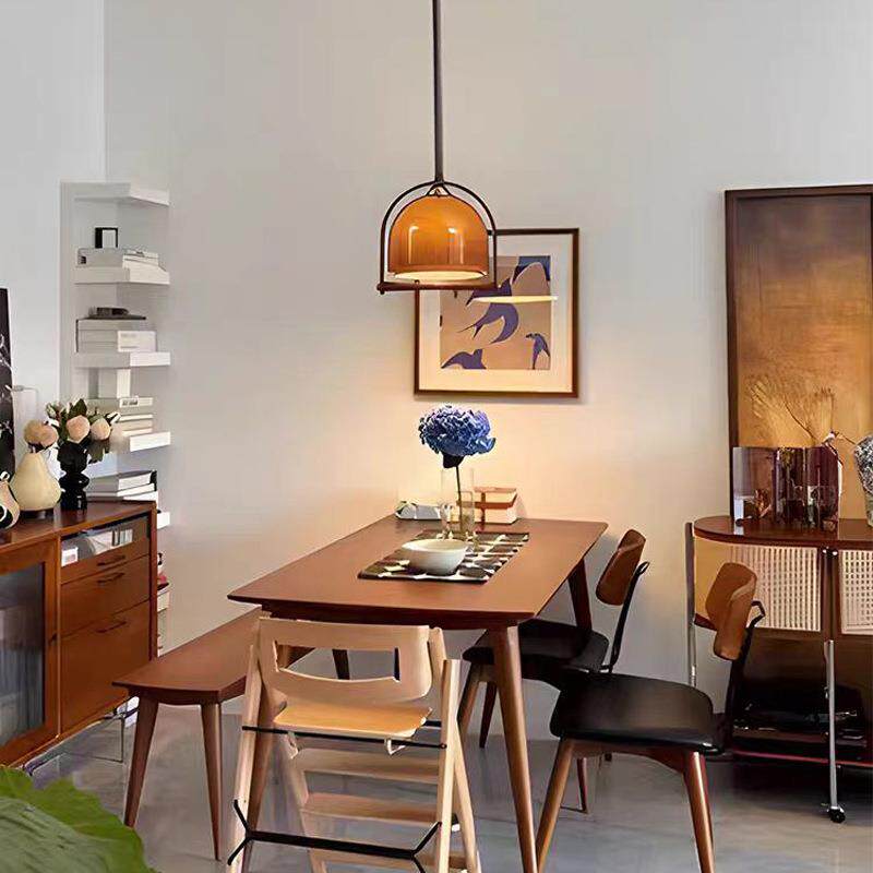 中古玻璃伸缩吊灯日式实木复古餐厅吧台设计师氛围中山灯具创意