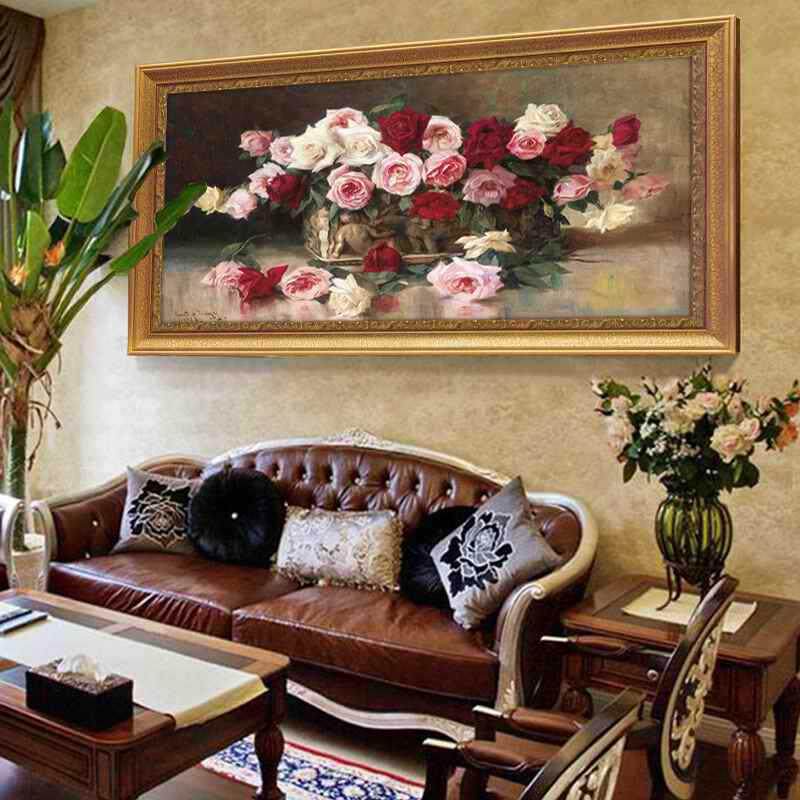 简欧客厅壁画现代挂画油画欧式卧室装饰画床头画横幅花开富贵牡丹