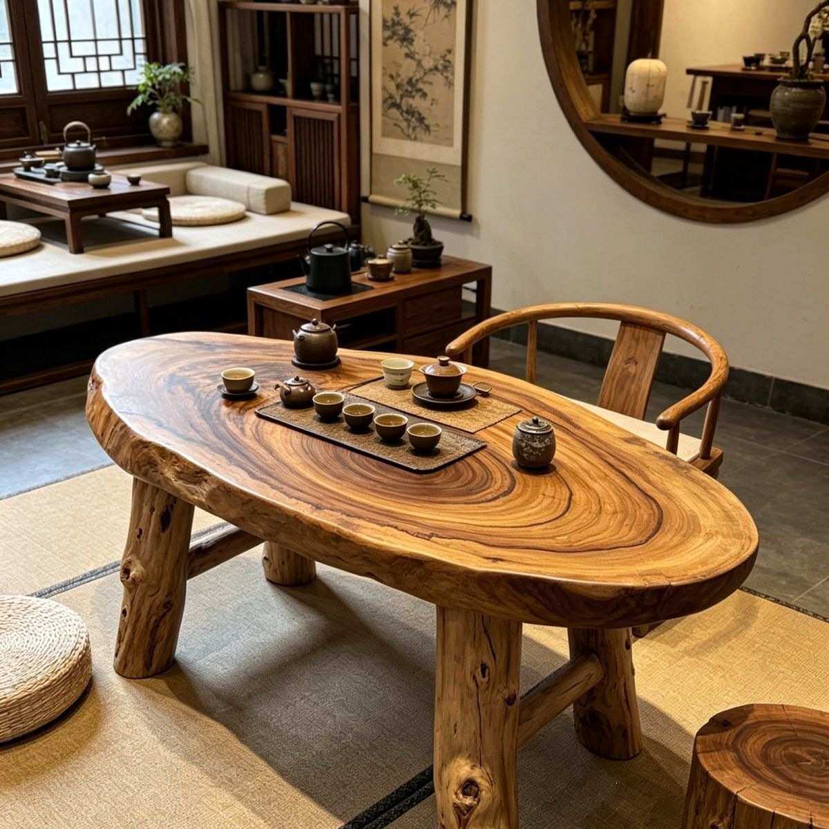 香樟木茶桌原木根雕茶桌茶台椅子诧寂风茶几实木桌