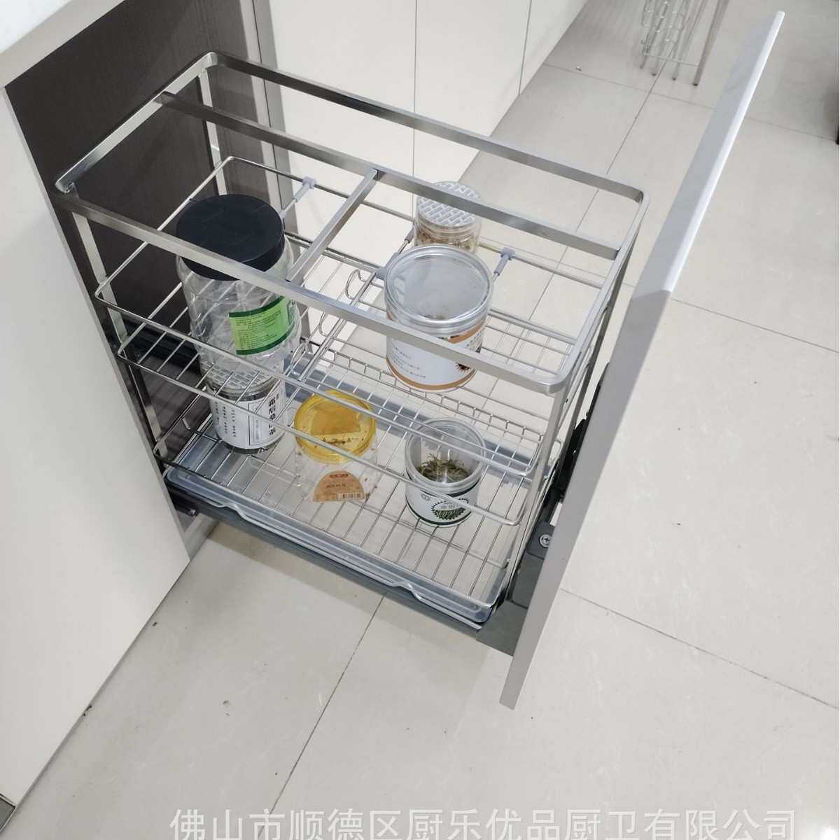 厨房橱柜拉篮不锈钢304扁钢调味篮双层抽屉式滑轨调料瓶简易调料