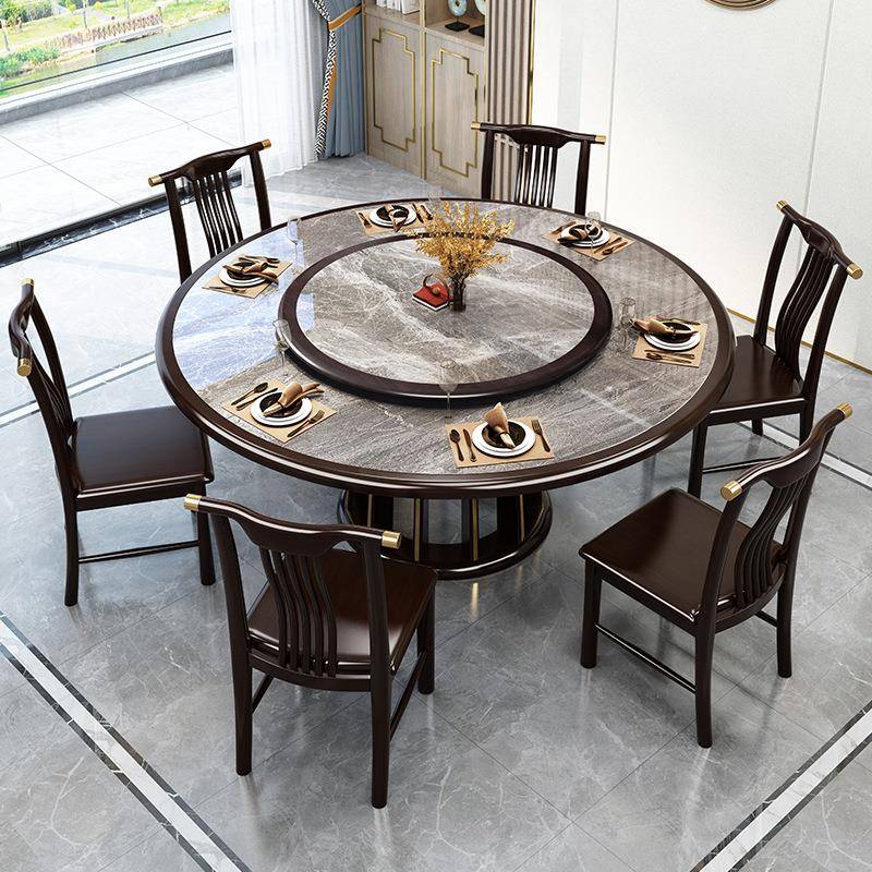 新桌中式实木餐用岩板圆餐桌2m米轻饭奢店家带转SCZ.159Q盘圆形吃