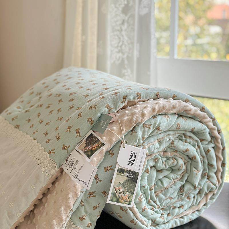 225新款全棉0S纯棉皱皱布纱被子春秋被法式豆豆款绒被加厚冬被被