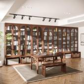 黑胡桃木全实木满墙书柜带卡座拱形玻璃门客厅樱桃木组合收纳书架