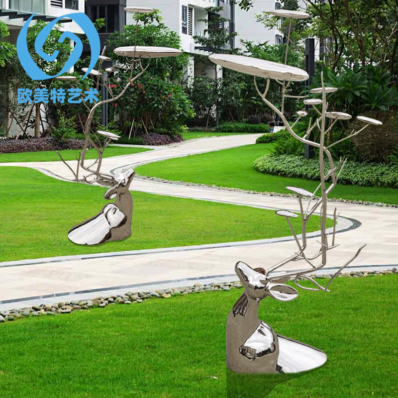创意不锈钢福鹿艺术品摆件广场公园售楼处酒店落地动物鹿景观雕塑