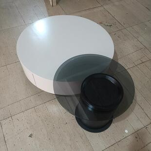 实木岩板圆形茶几钢化玻璃边几组合家用客厅意式极简约纯黑纯白色