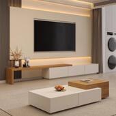 原木风电视柜现代简约客厅实木伸缩极简一体式 储物柜可拉伸地柜