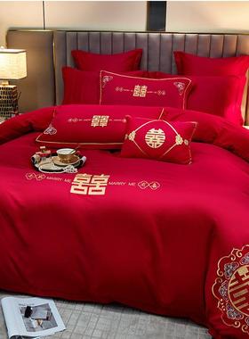 婚中式纯棉房上龙凤刺大红色婚庆CEG纯棉婚四件套婚床新婚绣床用