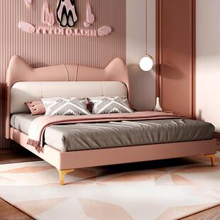 儿童床男孩卡通猫儿JYR童咪皮床公主女孩床双人实木单粉床色皮床