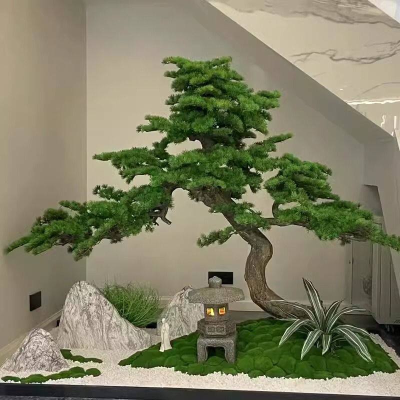 中式典雅仿真迎客松绿植景室内玄关楼梯下装饰仿真迎客松大型摇植