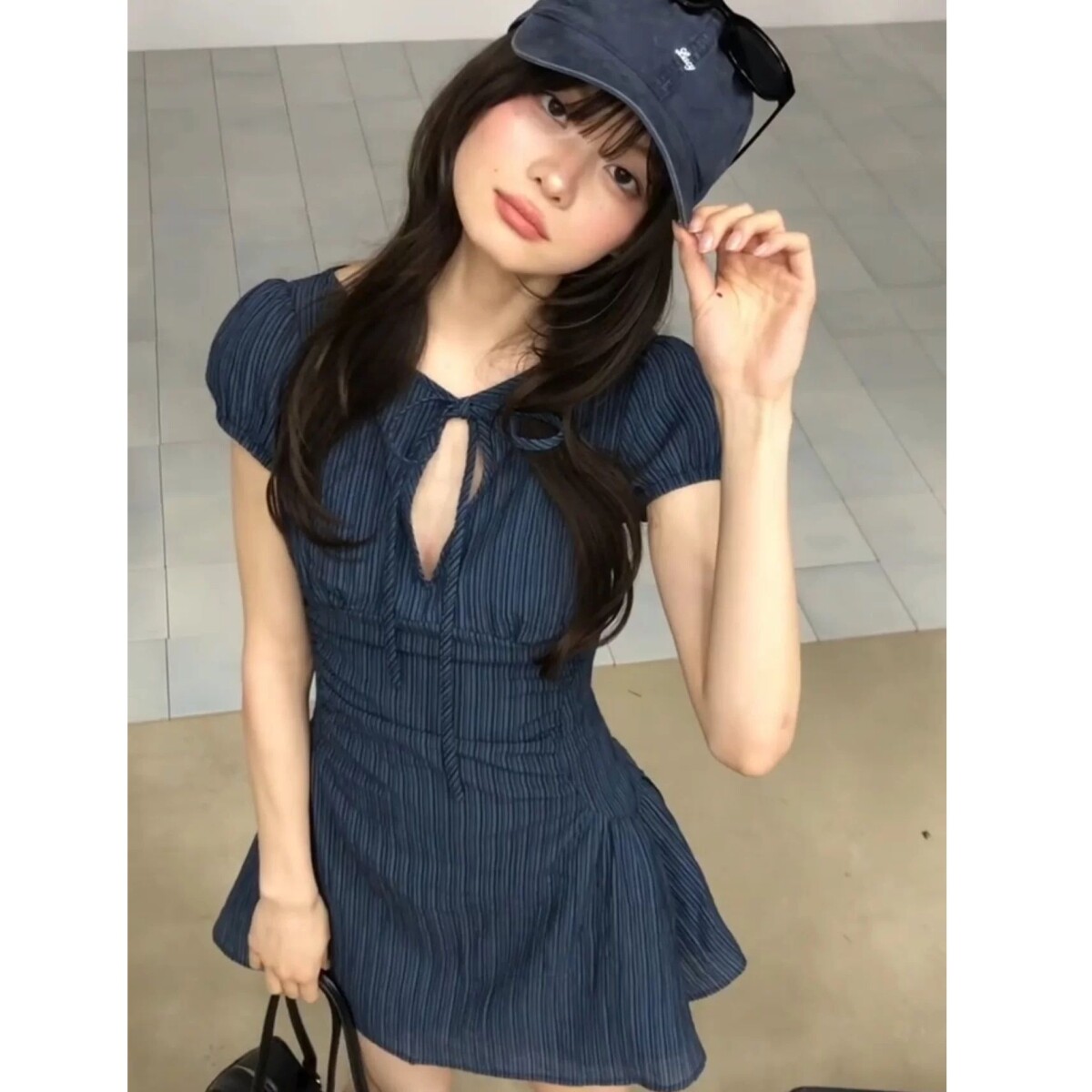 夏季新款复古条纹连衣裙女短袖系带收腰显瘦短裙小个子绝美气质裙